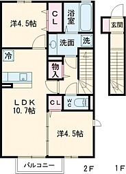 ヴィルヌーブ相坂D 2LDKの間取図画像