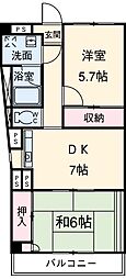 名鉄小牧線 味鋺駅 徒歩10分の賃貸マンション 3階2DKの間取り