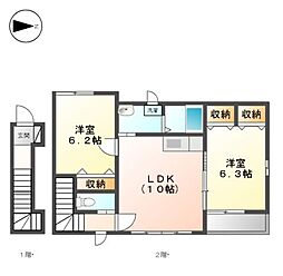 名鉄津島線 木田駅 徒歩15分の賃貸アパート 2階2LDKの間取り