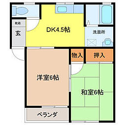 若林コーポ 2階2Kの間取り