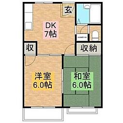 ハピネスニシムラ 2階2DKの間取り