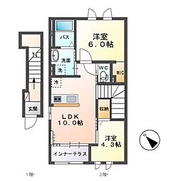 関東鉄道常総線 寺原駅 徒歩13分の賃貸アパート 2階2LDKの間取り