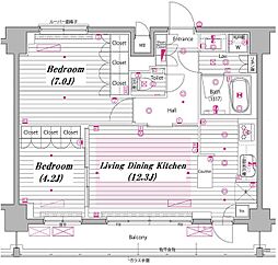 グランド・ガーラ白金高輪 12階2LDKの間取り