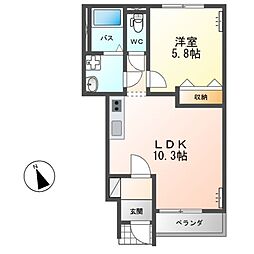 グランディール田彦 1階1LDKの間取り
