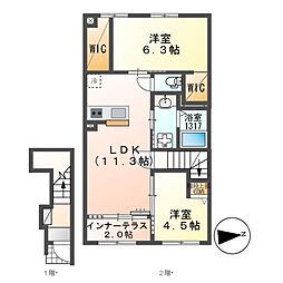 JR総武本線 四街道駅 徒歩21分の賃貸アパート 2階2LDKの間取り
