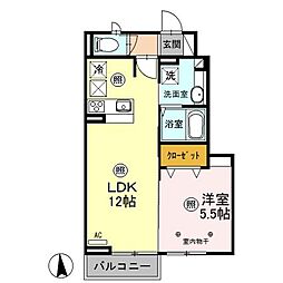 クレインIII 1階1LDKの間取り