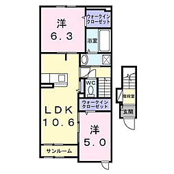 JR横浜線 鴨居駅 徒歩22分の賃貸アパート 2階2LDKの間取り