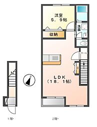 つくばエクスプレス つくば駅 5.2kmの賃貸アパート 2階1LDKの間取り