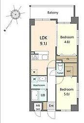 JR鹿児島本線 笹原駅 徒歩18分の賃貸マンション 8階2DKの間取り