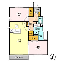 東武宇都宮線 新栃木駅 徒歩22分の賃貸アパート 1階2LDKの間取り