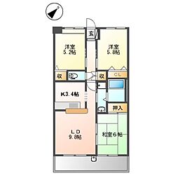 JR常磐線 ひたち野うしく駅 4.4kmの賃貸マンション 3階3LDKの間取り