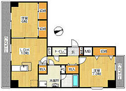 JR総武本線 津田沼駅 徒歩14分の賃貸マンション 2階2LDKの間取り