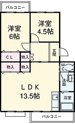パストラル板倉Ｂ 1階2LDKの間取り