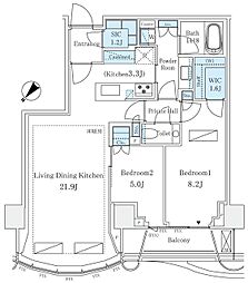 東京メトロ副都心線 北参道駅 徒歩1分の賃貸マンション 11階2LDKの間取り