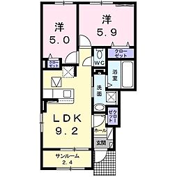 関東鉄道常総線 水海道駅 9.8kmの賃貸アパート 1階2LDKの間取り
