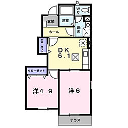 サニーヴィラＢ2 1階2DKの間取り