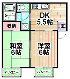 岸和田城ハイツ 2階2DKの間取り