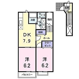 グレンフィディックＡ 2階2DKの間取り