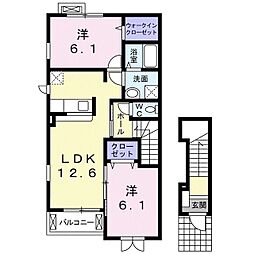 関東鉄道常総線 西取手駅 徒歩15分の賃貸アパート 2階2LDKの間取り