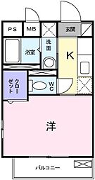 プリムヴェール国立 2階1Kの間取り