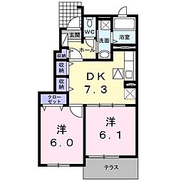 エアリーヒル天王台2番館 2DKの間取図画像