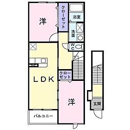 JR山陰本線 石原駅 徒歩9分の賃貸アパート 2階2LDKの間取り
