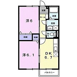 エクセル後田Ｄ 1階2DKの間取り