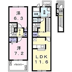 名古屋市営桜通線 徳重駅 徒歩12分の賃貸アパート 2階2LDKの間取り