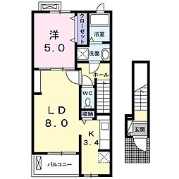 ノアズ　アーク 2階1LDKの間取り