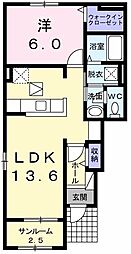ル・プランタンII 1階1LDKの間取り