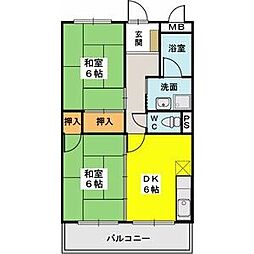JR鹿児島本線 香椎駅 徒歩18分の賃貸マンション 2階2DKの間取り