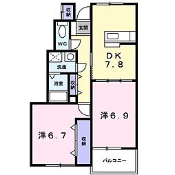 シャルムクレインＡ 1階2DKの間取り