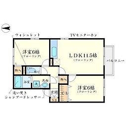 バンブーエ 2階2LDKの間取り
