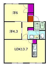 オレンジヒルズ 1階2LDKの間取り