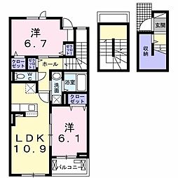 JR中央線 八王子駅 バス30分 佐貫下車 徒歩7分の賃貸アパート 3階2LDKの間取り