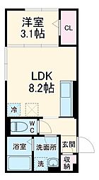 コンフォール夕陽ヶ丘 1階1LDKの間取り