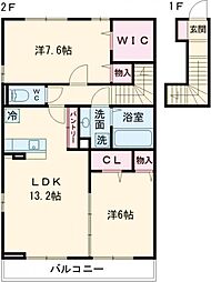 西武拝島線 武蔵砂川駅 徒歩15分の賃貸アパート 2階2LDKの間取り