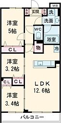 西武新宿線 上石神井駅 徒歩11分の賃貸マンション 2階3LDKの間取り