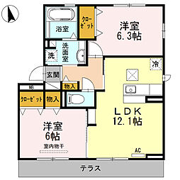 JR中央本線 新守山駅 徒歩8分の賃貸アパート 3階2LDKの間取り
