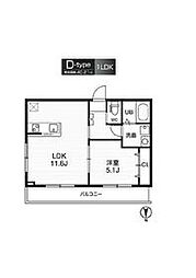 レピュア大鳥居 502 5階1LDKの間取り