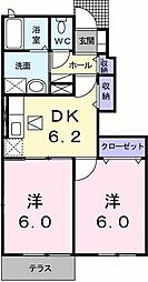 パークサイドUK 1階2DKの間取り