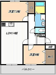 アルカディアII 2階2LDKの間取り