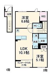 フェリース上田 2階2LDKの間取り