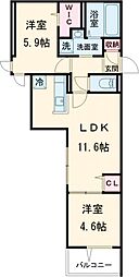 セレスティア六町II 2階2LDKの間取り