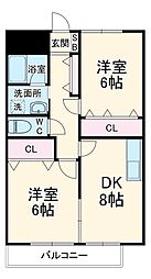 エクシヴ若宮II 2階2DKの間取り