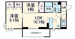 JR川越線 指扇駅 徒歩8分の賃貸アパート 2階2LDKの間取り