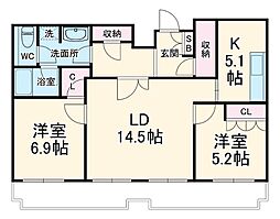 名古屋市営桜通線 吹上駅 徒歩15分の賃貸マンション 13階2LDKの間取り