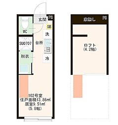ハーモニーテラス見次公園 2階ワンルームの間取り