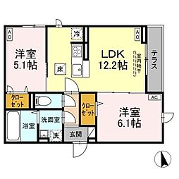 D-ROOM田町B 2階2LDKの間取り