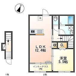 パレス北野 2階1LDKの間取り